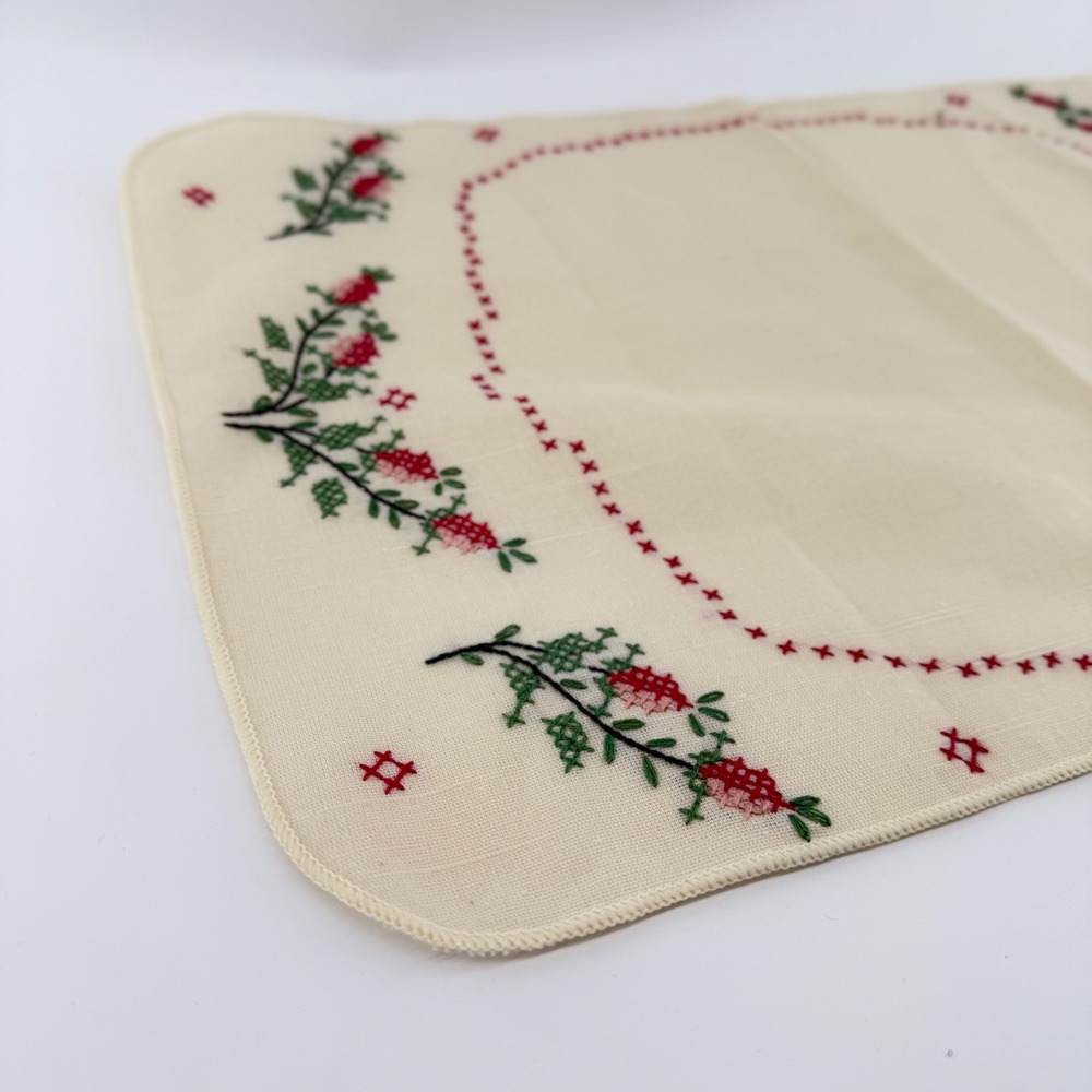 Vintage Cross Stitch Floral Embroidery Cream Place Mat Table Runner 16x11 - Picture 2 of 7